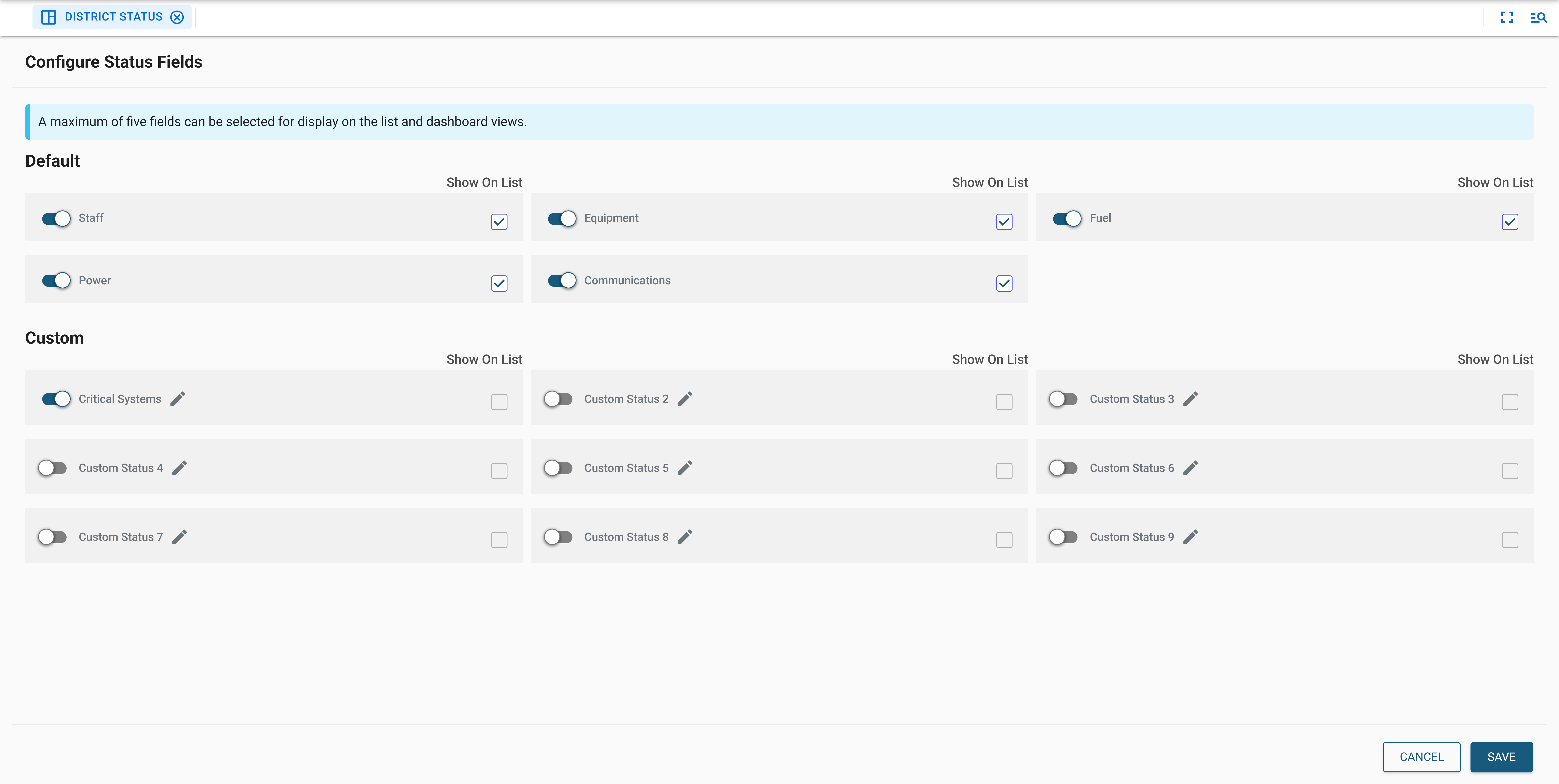 Configure Status Fields page